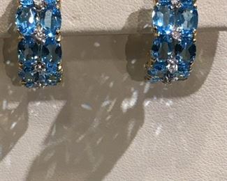 Blue Topaz and Diamond Earrings 14k Gold