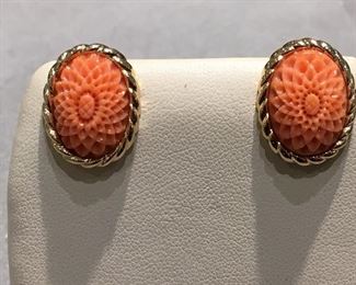 Hand carved Coral and 14k yellow gold omega pierced earrings