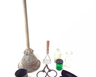 antique items, bottles, sifter, spectacle case, Ward vacuum washer