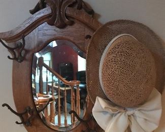 Rare oak hat rack w/beveled mirror for any hallway space .