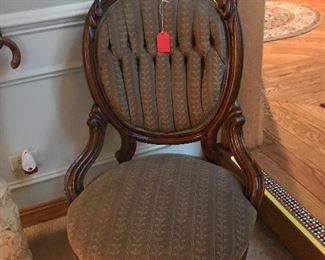 Vintage Victorian chair with great curves and upholstery. Great accent piece.