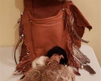 Genuine Deer Leather/Rabbit Fur/Feathers Native American Indian Papoose (22 in. tall) with Baby Doll