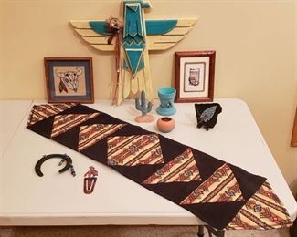 Lot of Native American Indian Decor - Wooden Eagle, 2 Needlepoint Framed Art, Table runner, and others