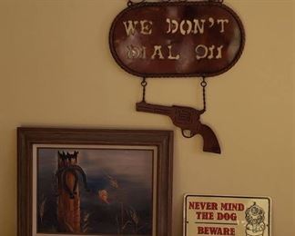Lot of Western Themed Wall Decor - 2 Metal Signs & Framed Oil Painting