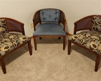 Set of 3 Upholstered Wood/Wicker Barrel-style Chairs - 25 in. x 21 in. x 27 in.