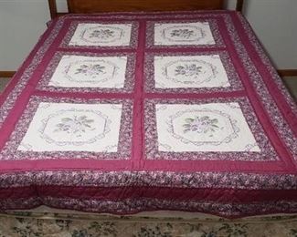 Hand made Embroidered Violets Quilt - 62 in. x 85 in.