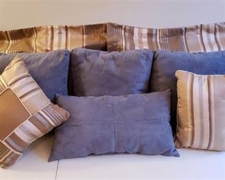 Lot of Accent Pillows - 3 Slate Blue Microfiber Suede Squares (15 in. x 15 in.), 1 Slate Blue Microfiber Suede Rectangle (21 in.x 11 in.) and 2 Striped Gold Tan/Blue Shams & 2 Accent Pillows - 8 total pillows