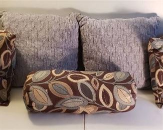 Lot of 5 Accent Pillows - 2 Slate Blue Tufted Squares (16 in.), 2 Brown/ Blue Leaf Pattern Squares (14 in.), and 1 Cylindrical (21 in.x 7 in.)