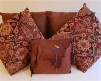 Lot of 5 Accent Pillows - 4 Half Brown Suede Leather/Half Reddish Colored Upholstery Material (17 in square)and 1 Leather Square (13 in.) with Bear Embroidery