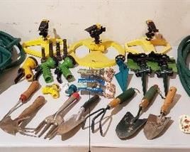 Lot of Outdoor Hoses, Sprinklers, Sprayers, Gardening Hand Tools, and other Items