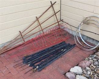 Lot of Gardening Support Items - Wood Trellis, 4 Tomato Cages (Lg.), 8 Fencing poles, and 3 Metal Barrel stays