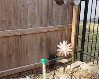 Lot of Outdoor Decor - Metal Whirling Jig (6 ft. tall - pole needs repaired), Bird Feeders with Tote of Seed, Rain Gauge, Pots/Bucket, and More