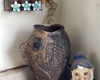 Lot of Outdoor Decor - Fish Vase , Gnome, Decorative Rock, and Wall Hangings