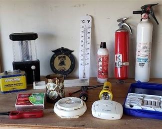 Lot of Home Items - Fire Extinguishers, Thermometers, Flashlights, Battery Charger, Matches and other Items