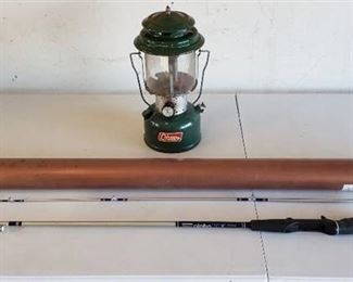 Coleman Lantern Model 220F(Broke Glass Globe), Shakespeare Alpha Fishing Pole, and Rod Caddy