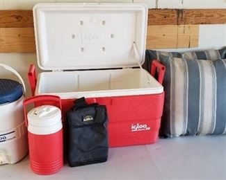 Lot of Igloo Cooler, 2 Igloo Beverage Containers, Lunch Bag, and 4 Outdoor Cushions