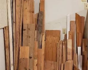 Lot of Wood Boards (Various Types/Sizes - Longest Board is about 10 ft.), PVC Pipe, and Open Metal Coated Shelf Piece