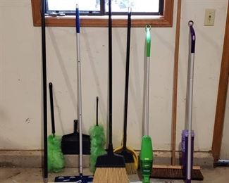 Lot of Cleaning Tools - Brooms, Swifters, Dusters and Brushes