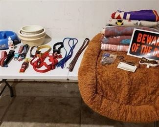 Lot of Dog Items - Feeding Bowls, Dog Blankets, Leashes/Collars and Other Items