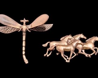 Sterling silver dragonfly and horses broach