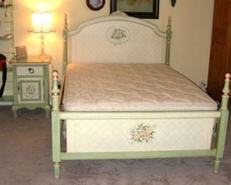 Painted bedroom suite consisting of full bed, night stand, dresser and mirror.