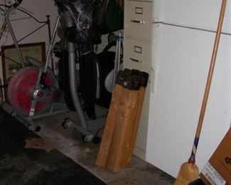 Refrigerator, file cabinet, saw horse legs