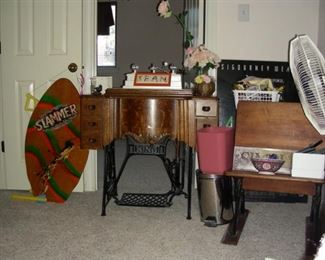 Vintage treadle sewing machine, vintage school desk