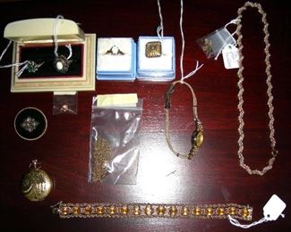 Fine jewelry (not on-site until the morning of the sale): rings, Elgin pocket watch, ladies watch, pearl and gold necklace & earrnings, citrine and gold bracelet, mourning jewelry with mine cut diamonds, opal drop, gold chain