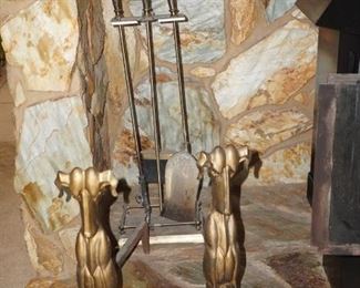 Love the whippet fireplace andirons. Andirons SOLD. Fireplace tools available. 