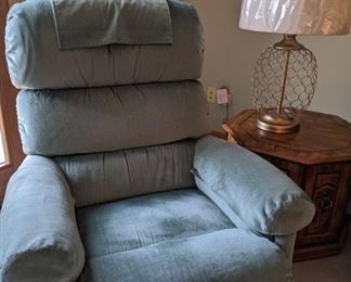 Rocker recliner (green), end table (1 of 2) and lamp (one of 2)