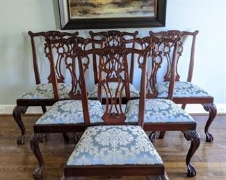 Set/6 Hickory Chair Chippendale style, hand carved mahogany side chairs, with Schumacher fabric.