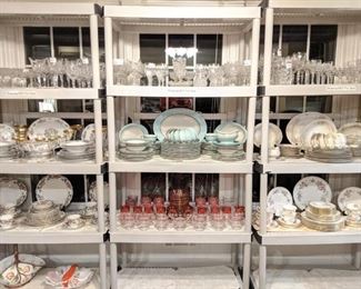 Loads of china, cut crystal stemware, including American Brilliant Cut Glass stemware. 