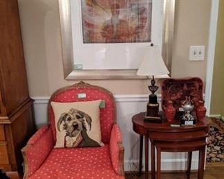 Each of the French bergere chairs has its own Belgian tapestry, down-stuffed dog pillows - get 'em while they're hot! Also, a nice collection of Asian cinnabar. 