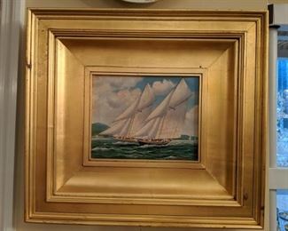 Lovely framed original oil on canvas, sailing ship in the harbor.