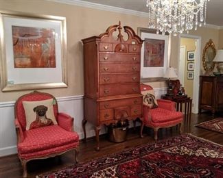 Nicely framed/matted, artist signed pair of contemporary oils, another shot of the pair of French bergere chairs, and the classic White Furniture Co. bird's eye maple highboy.