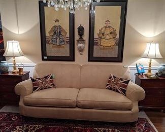 Pristine down-filled sofa, by Milling Road (the upholstery division of Baker Furn. Co.), pair of down-filled Union Jack Belgian tapestry pillows, pair of hand painted, nicely framed Chinese ancestors.