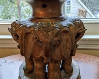 Vintage champlevé metal elephant lamp, with shade and finial.