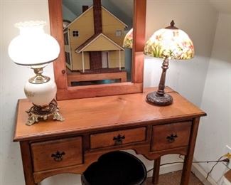 Vintage pine desk, with matching wall mirror, gone with the wind table lamp and reverse painted glass shade table lamp/.