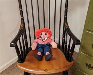 Here's her hot date, Raggedy Andy, just a swingin' in his handsome L. Hitchcock rocking chair.