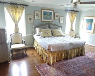Wonderful kingsize bed, with custom upholstered French headboard, pair of French bergere chairs, with yellow damask fabric, handwoven Persian gallery runner and set/4 antique botanical prints. 