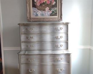 Matching silver-leafed 6-drawer chest of drawers and original oil on canvas, by Judy Anderes.