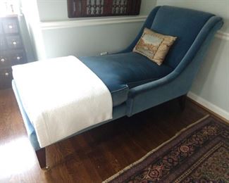 Blue velveteen chaise lounge, by Councill Furn. Co., Davidson, NC.