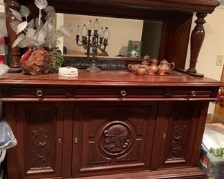 Stunning Carved Figural Buffet/ Sideboard. Excellent piece for a bar. 