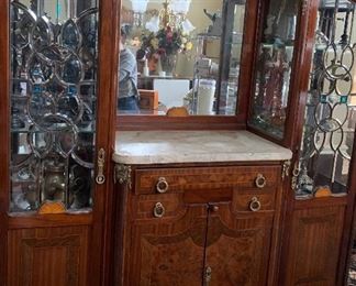 Leaded Glass, Burled Walnut Sideboard. 