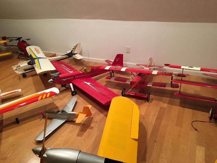 Remote control airplanes, helicopters & trucks assembled. New in box large airplanes also available. Parts, R/C controllers, field boxes, stands & accessories available too.  Wing span and names are available upon request if interested. Additional pictures are within this listing.