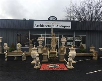 Dozens of pieces of statuary, fountains, urns and other garden decor.