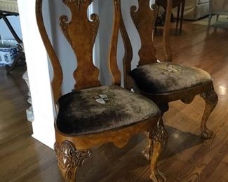 Pair of Antique English burl maple chairs purchased at Clements in Destin.