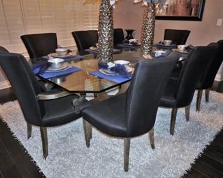 Greg Sheres limited edition polished stainless steel and 24k gold plated brass dining table with 8 chairs