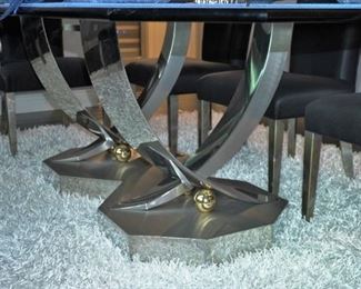 Greg Sheres limited edition polished stainless steel and 24k gold plated brass dining table with 8 chairs