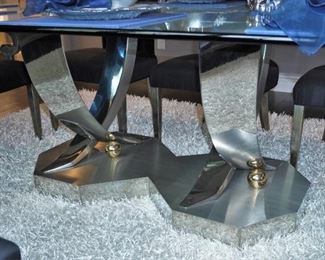 Greg Sheres limited edition polished stainless steel and 24k gold plated brass dining table with 8 chairs
